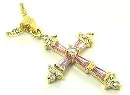 Amazing 18k gp CZ and Pink Sim Sapphire Cross Pendant
