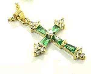 Very pretty 18k gp CZ and sim green Emerald Cross Pendant