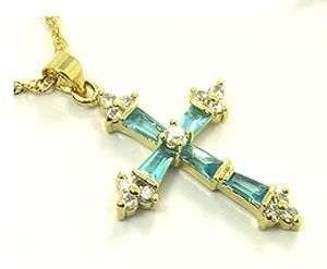 Brand new stock! 18k gp Cross Pendant with sim Aquamarine and CZ