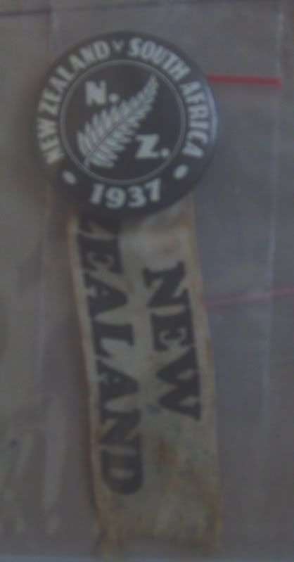 1937 - SA v NEW ZEALAND SERIES - PIN BADGE + RIBBON - ORIGINAL