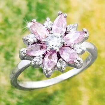 R163 Glamour Flower Marquise Cut Pink Sapphire Simulated Diamond Silver Ring Size 7