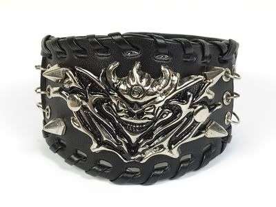 OB031 Men's Devil Stud Black Genuine Leather Wristband Cuff Bracelet Adjustable