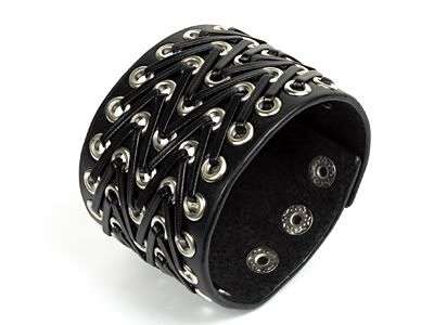 OB042 Surfer Round Black Genuine Leather Wristband Cuff Bracelet Adjustable