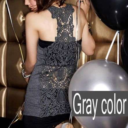 M923G Sexy Crochet Eyelet Lace Back Camisole Racer Back Vest Top - Gray Color
