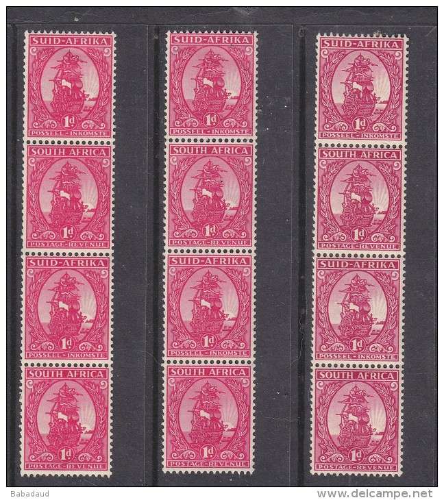 SOUTH AFRICA: 1943 coils stamps, 1d used, 3 strips of 4, shade variations, S.G. 106, MH *