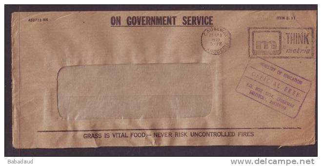 RHODESIA ON GOVERNMENT SERVICE used CAUSEWAY RHODESIA 1973 THINK METRIC slogal c.d.s.