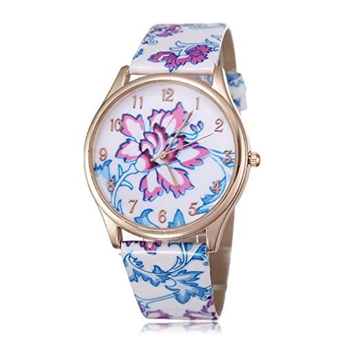 BUYEONLINE Women's Fashion Flower Rose Gold Plated Leather Casual Watch Purple