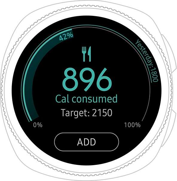 Gear Sport watch face showing amount of calories consumed