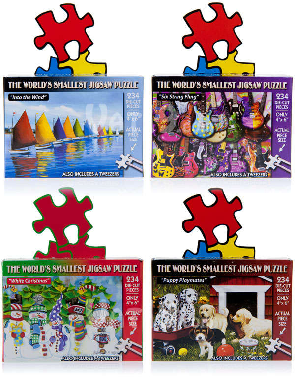 The World's Smallest Jigsaw Puzzle is available in a variety of styles.