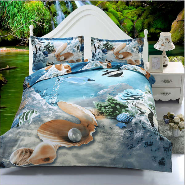 4pcs Suit Polyester Fiber 3D Cockleshell Undersea World Reactive Dyeing Bedding Sets