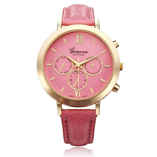 PU Leather Big Dial Roman Number Round Women Quartz Wrist Watch
