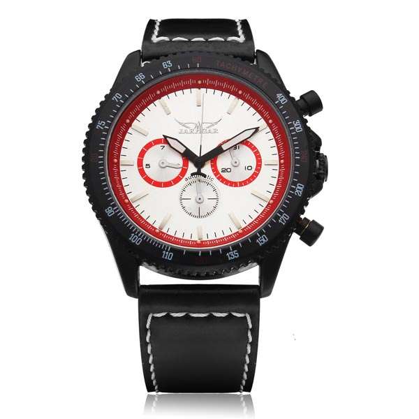 Jaragar Black Leather White 3 Dial Men Mechanical Wrist Watch