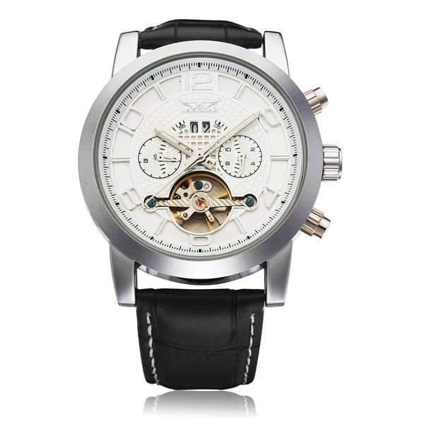 Jaragar Black Leather 3 Dial Flywheel Men Mechanical Wrist Watch