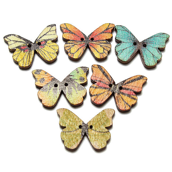 50Pcs Mixed Color Butterfly Wooden Buttons With Two Holes