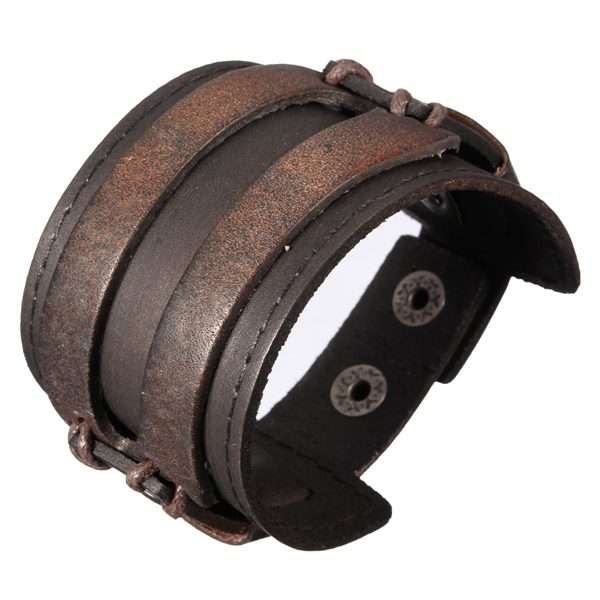 Men Punk Double Wide Leather Metal Buckle Cuff Wristband Bracelet