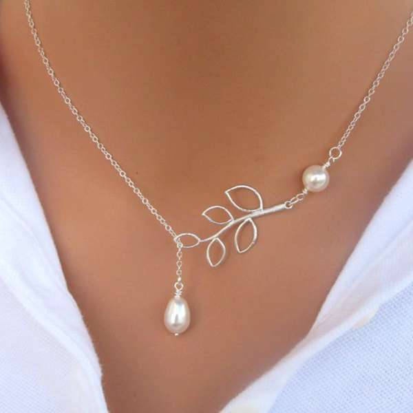 Vintage Silver Hollow Tree Leaf Pearl Pendant Chain Necklace For Women