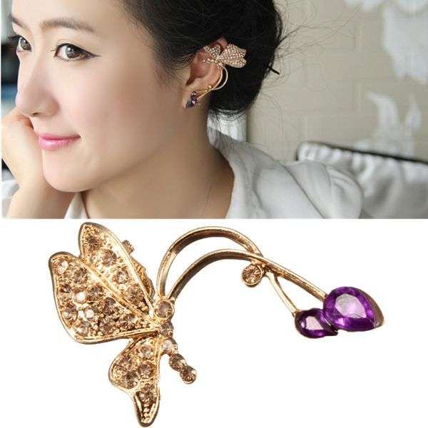 1pc Gold Rhinestone Crystal Butterfly Ear Clip Earring For Women