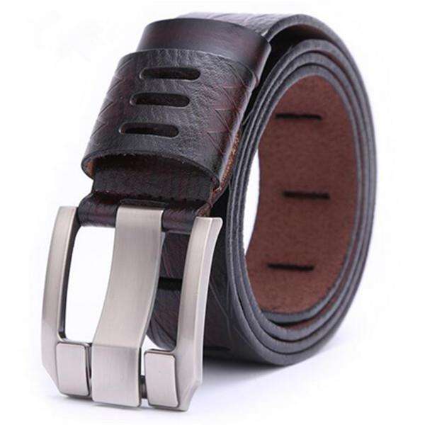 Men Hollow  Second Layer Leather Pin Buckle Brown Black Waistband Strap