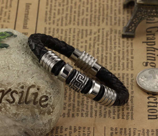 Stainless Steel Leather Bracelet, Genuine Leather Bracelet
