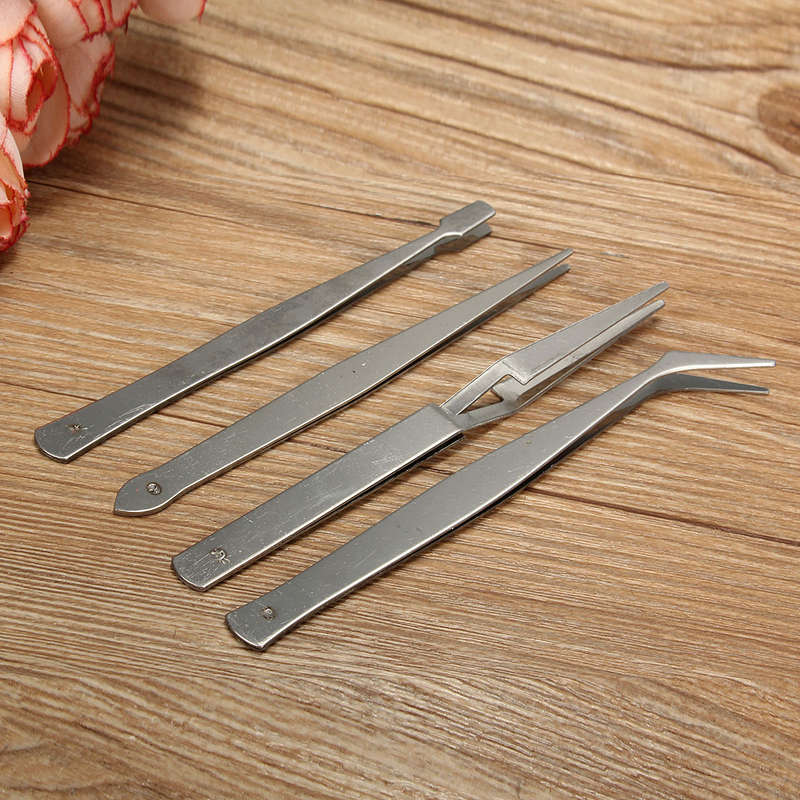 4pcs Stainless Steel Tweezers Silver Straight Elbow Medical Tweezers Clip