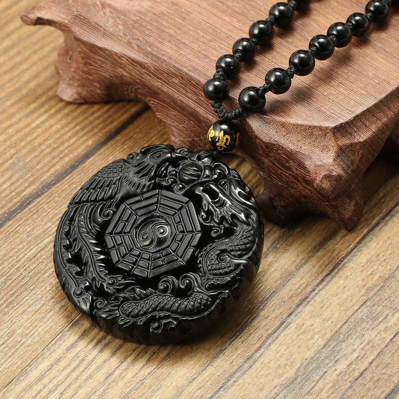 Black Obsidian Lucky Pendant Tai Chi Necklace Chain For Men Women Gift