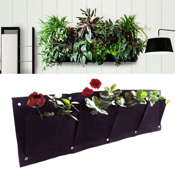 4 Pockets Wall Haning Felt Planter Bags Indoor Outdoor Plant Growing Bag