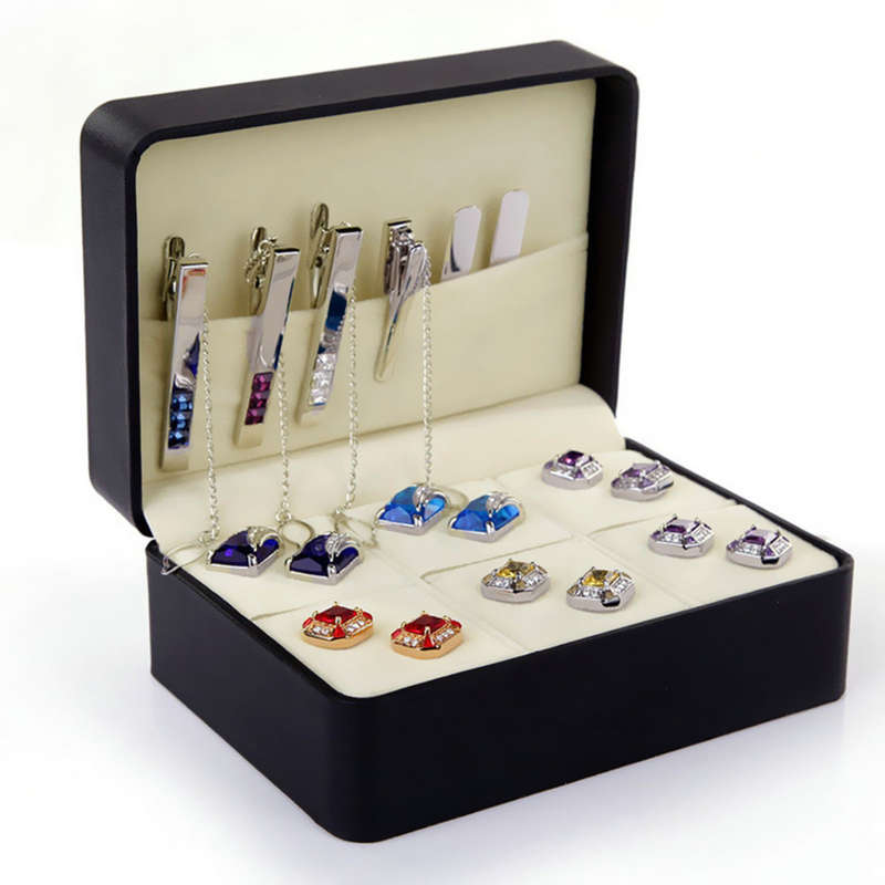 Unisex Men Women Tie Cufflink Rings Earring Stroage Black PU leather Multifunctional Box