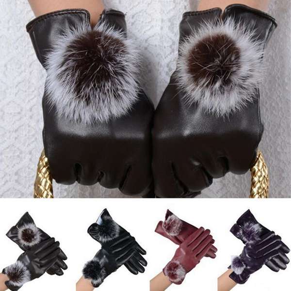 Women Winter Soft PU Leather Mitten Warm Driving Gloves