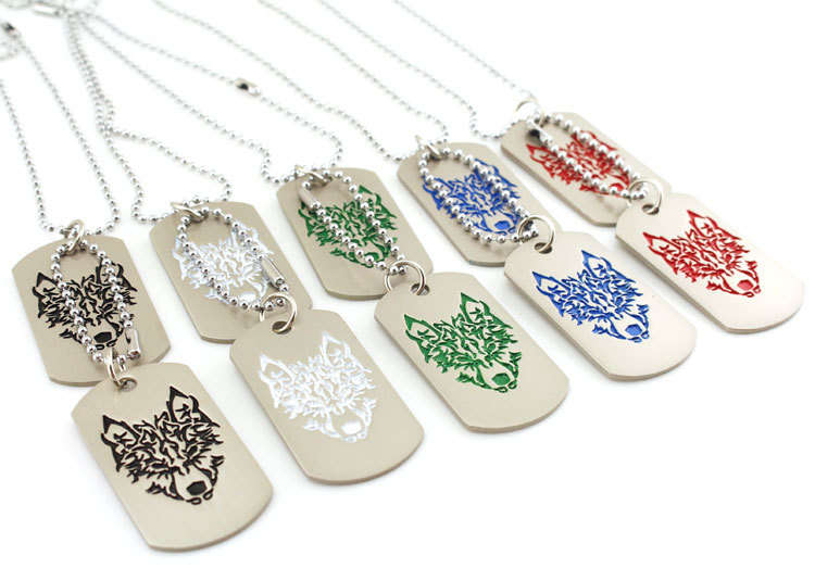 Military Army 2 Dog Tags Wolf Pendant Charm Men Chain Necklace