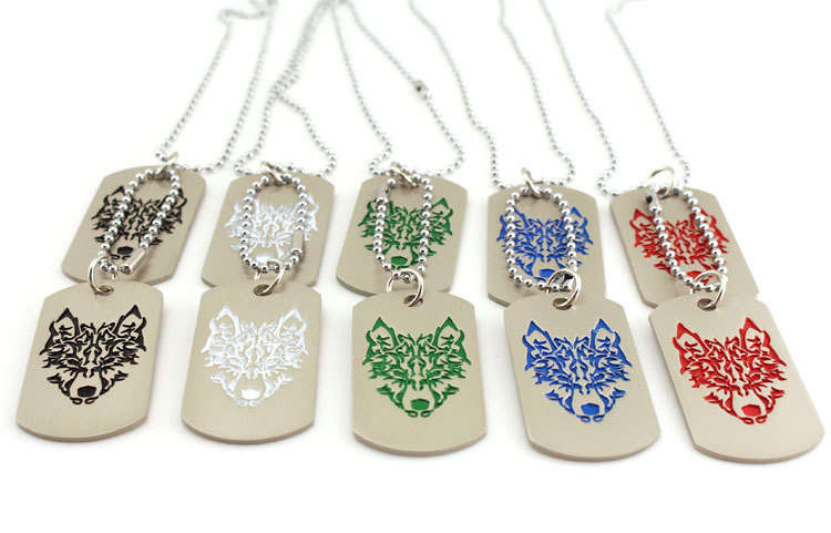 Military Army 2 Dog Tags Wolf Pendant Charm Men Chain Necklace