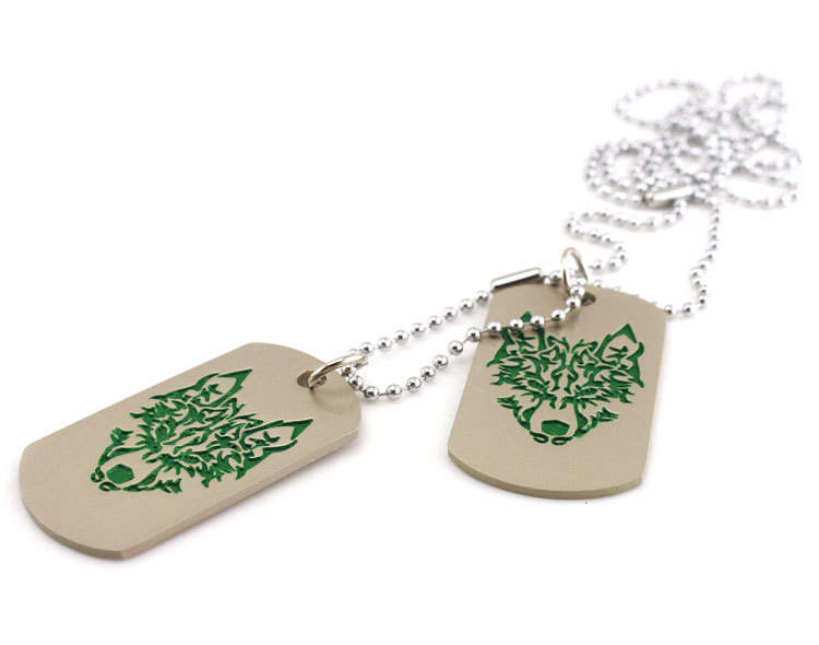 Military Army 2 Dog Tags Wolf Pendant Charm Men Chain Necklace