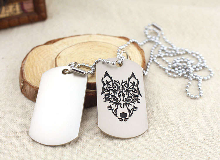 Military Army 2 Dog Tags Wolf Pendant Charm Men Chain Necklace