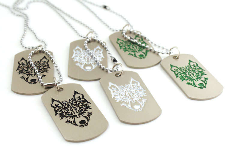 Military Army 2 Dog Tags Wolf Pendant Charm Men Chain Necklace