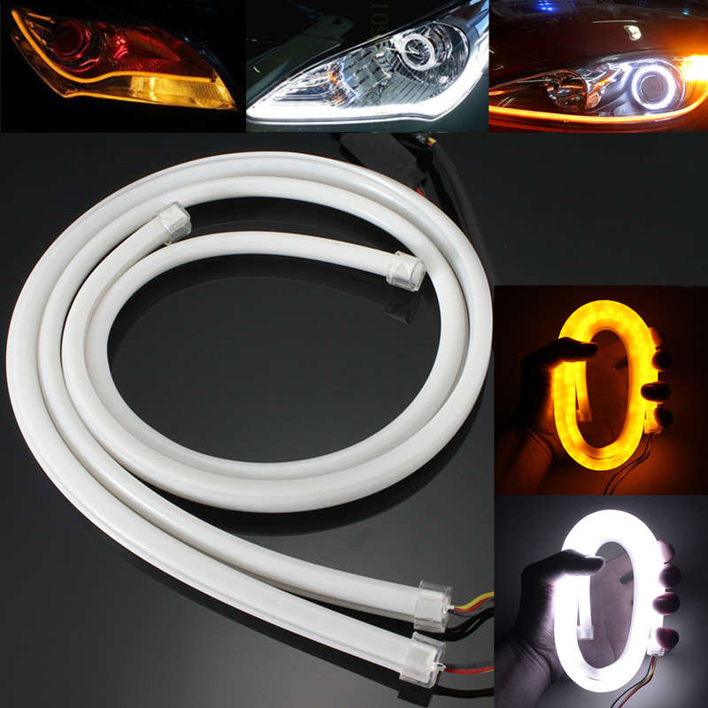 Pair 85cm LED Flexible Soft Tube Guide Car Strip White DRL&Amber Turn Signal Light