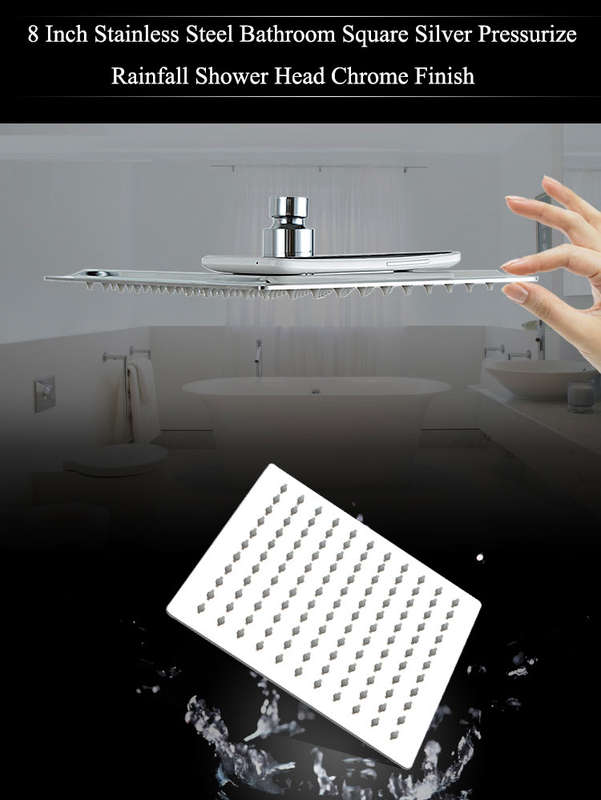 8 Inch Stainless Steel Bathroom Square Silver Pressurize Rainfall Shower Head Chrome Finish