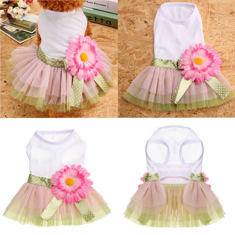 Cute Pet Dress Dog Cat Puppy Spring Summer Flower Bowknot Princess Shirt Clothes Apparel Costume