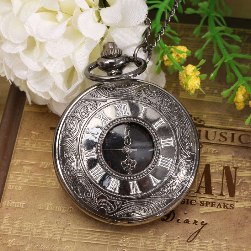 Large Black Classic Vintage Roman Number Necklace Pocket Watch