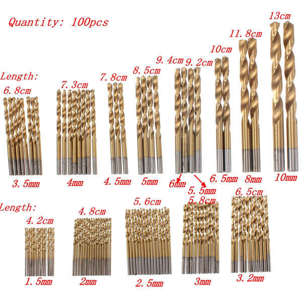 100pcs 1.5mm - 10mm Titanium Coated Drill Bit