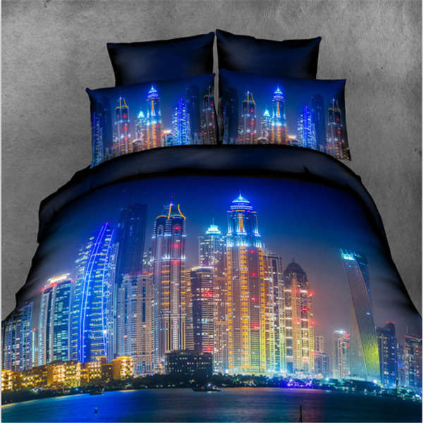 4pcs Suit 3D Brightly-lit City Reactive Dyeing Polyester Fiber Bedding Sets Queen King Size