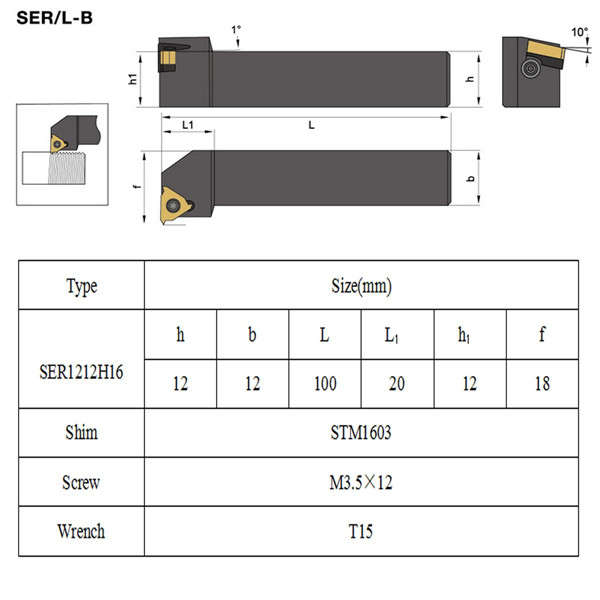 SER1212H16 12x100 Threading Turning Tool Holder with 4pcs 16ER AG60 Inserts