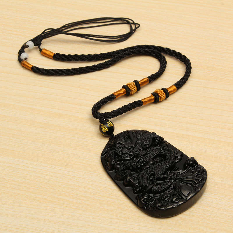 Obsidian Dragon Necklace Beads Blessing Pendant Charm Chain