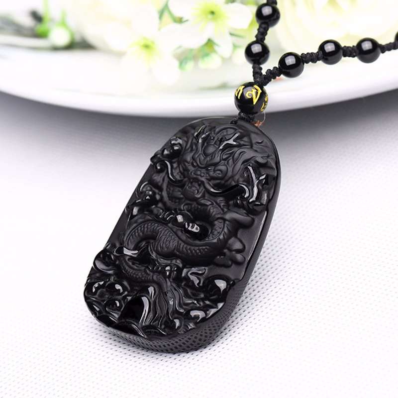 Obsidian Dragon Necklace Beads Blessing Pendant Charm Chain