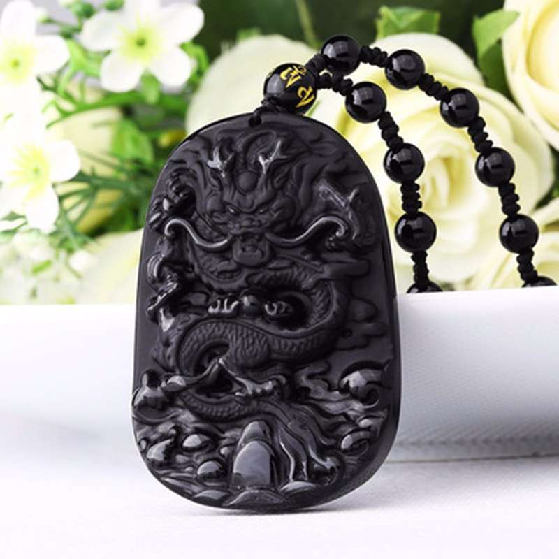 Obsidian Dragon Necklace Beads Blessing Pendant Charm Chain