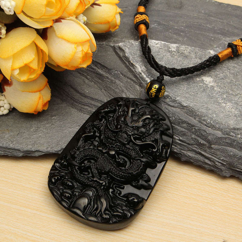 Obsidian Dragon Necklace Beads Blessing Pendant Charm Chain