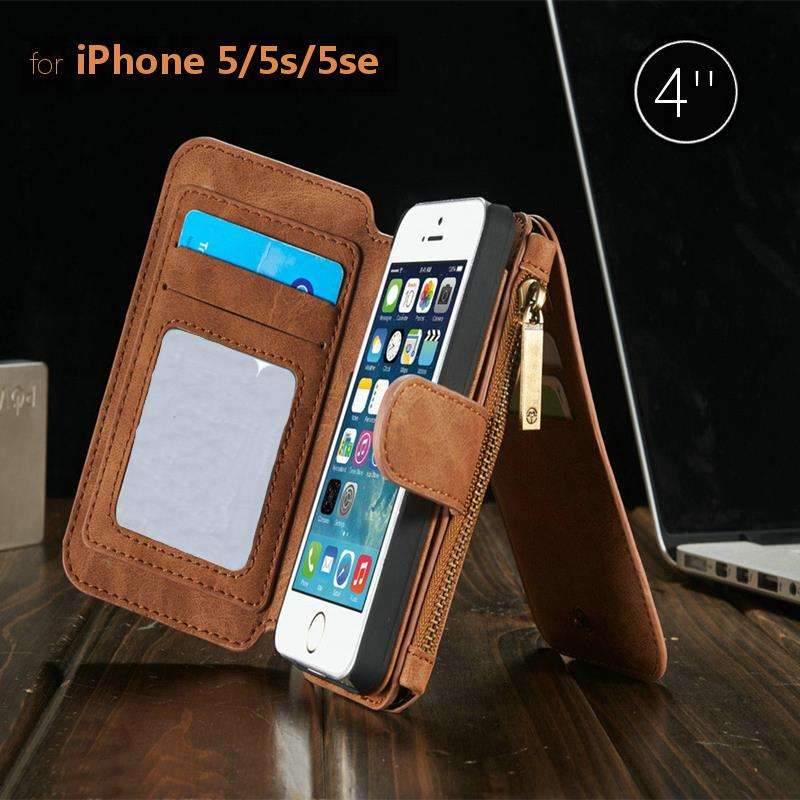 Vintage Magnetic Leather Multi Function Wallet Card Pocket Zipper Flip Case Cover For iPhone SE 5 5S