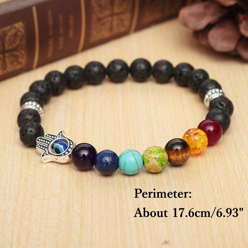 Men Hand Evil Eye Lava Rock Buddha Elastic Bead Bracelet Bangle