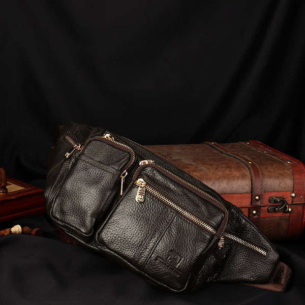 Retro 8 Pockets Men Women Genuine Leather Waist Bag Capacity Messenger Fanny Pack Bum Bag