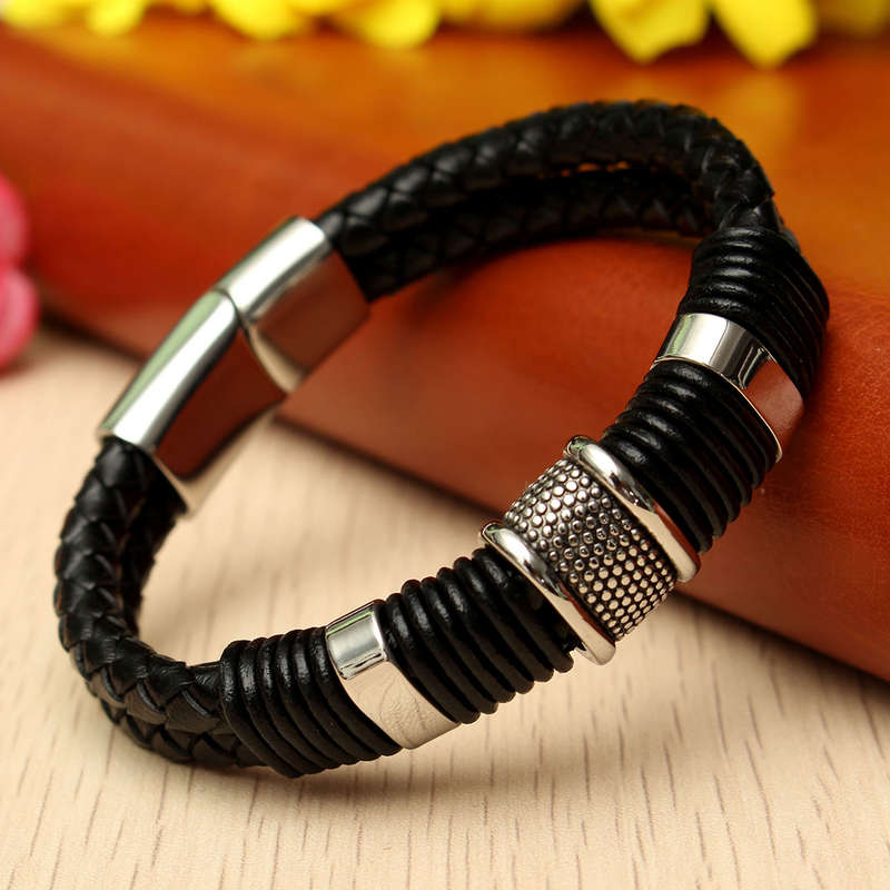 Black Leather Magnet Buckle Bracelet Jewelry Clothing Accessories For Men