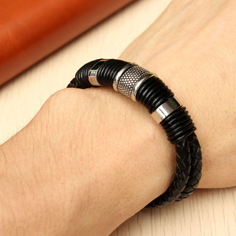 Black Leather Magnet Buckle Bracelet Jewelry Clothing Accessories For Men