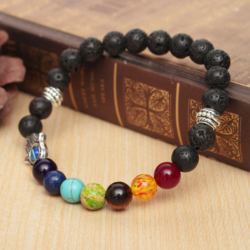 Men Hand Evil Eye Lava Rock Buddha Elastic Bead Bracelet Bangle